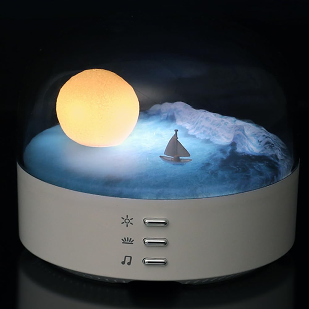 ANJOGIFT Elegant Moon Sea and Snow Mountain LED Night Light Music Speaker Lamp USB Type-C Rechargeable, Brightness Adjustable, T