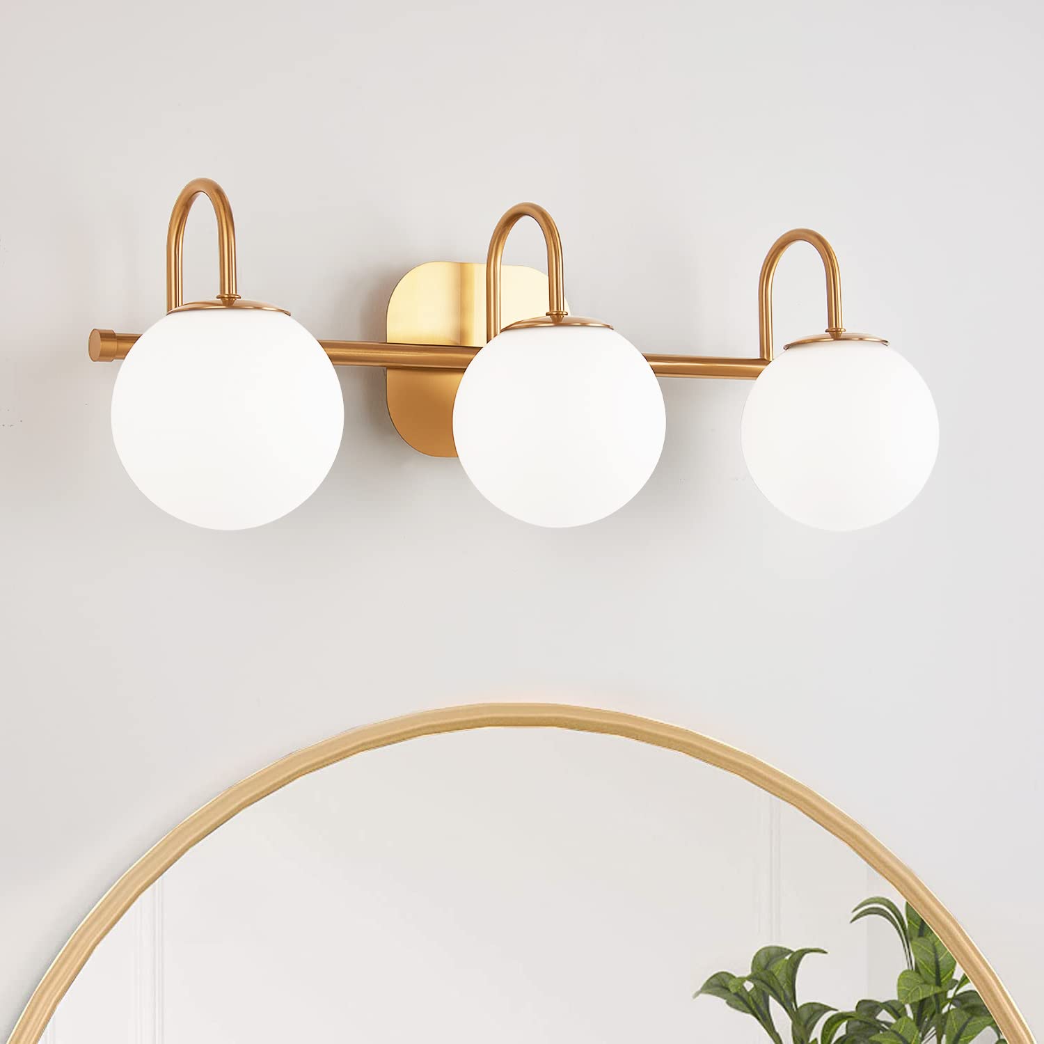 Zhuoer New Bathroom Vanity Light Fixtures 4-Lights Brushed Brass Frame And Milk White Glass Globe Shade Modern Wall Sconce Light
