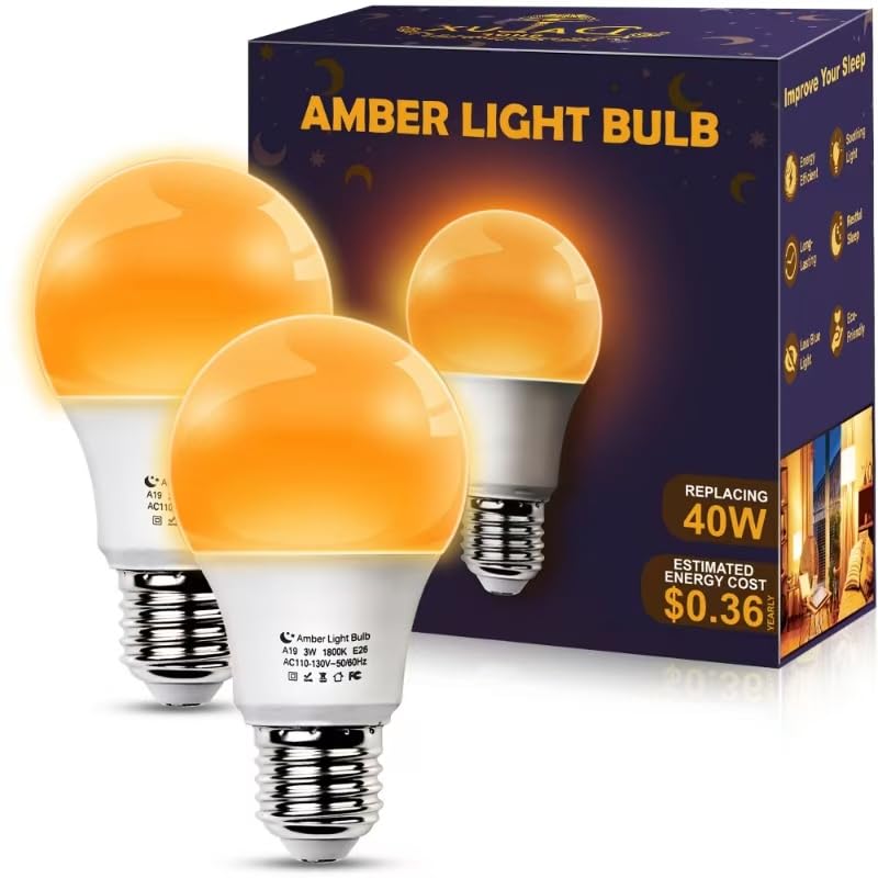 DALUXshop Amber Sleep Light Bulbs  Blue Light Blocking  A19 3W(40 Watt Equivalent) Dim Light Bulbs for Lamp  1800K Warm Light Bulb  E26 for Healthy Sleep  Bedroom  Kids Room  2 Pack