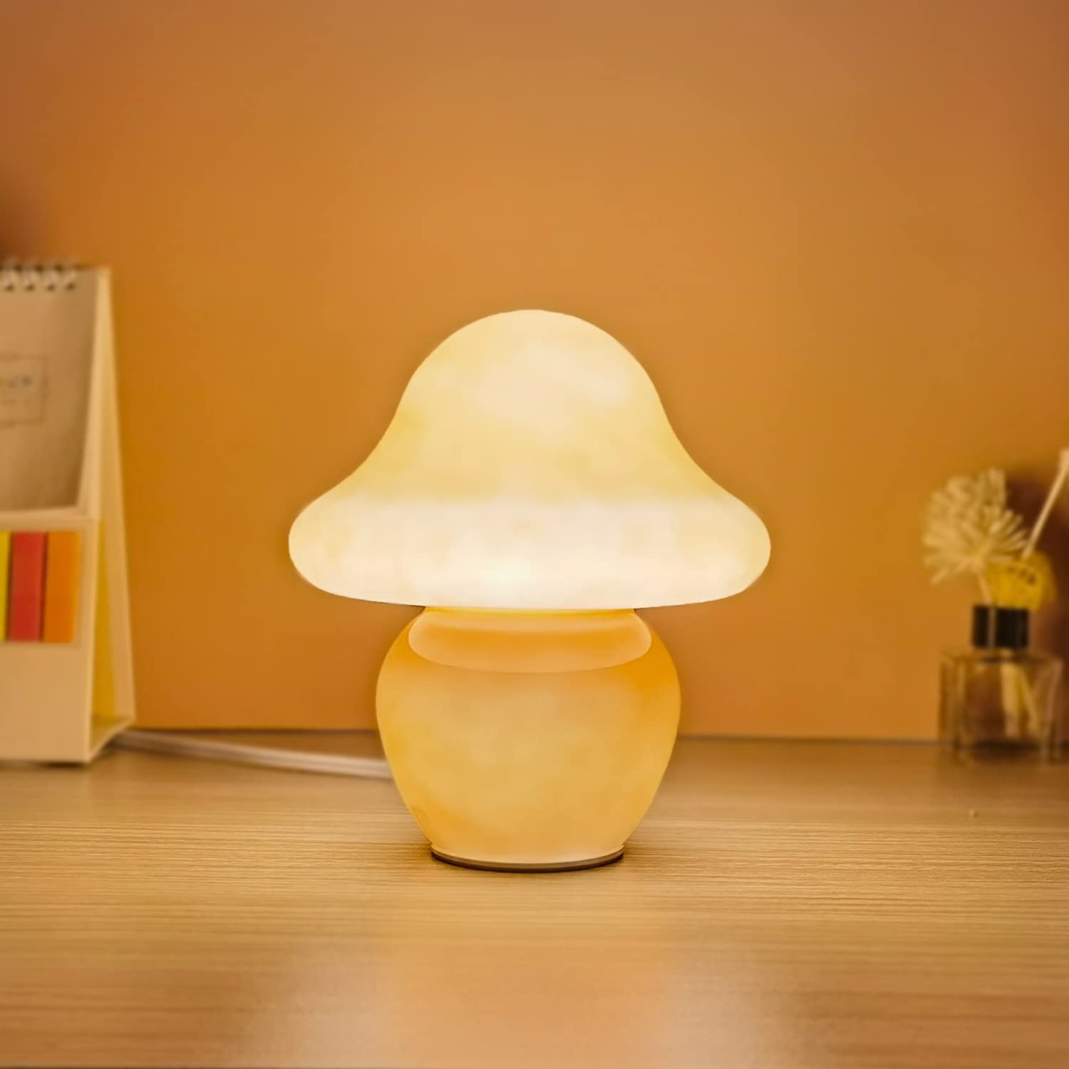 CometMars Mushroom Lamp, Small Orange Glass Table Lamp, Cute Little Translucent Nightstand Lamp for Bedroom, Bedside, Living Roo