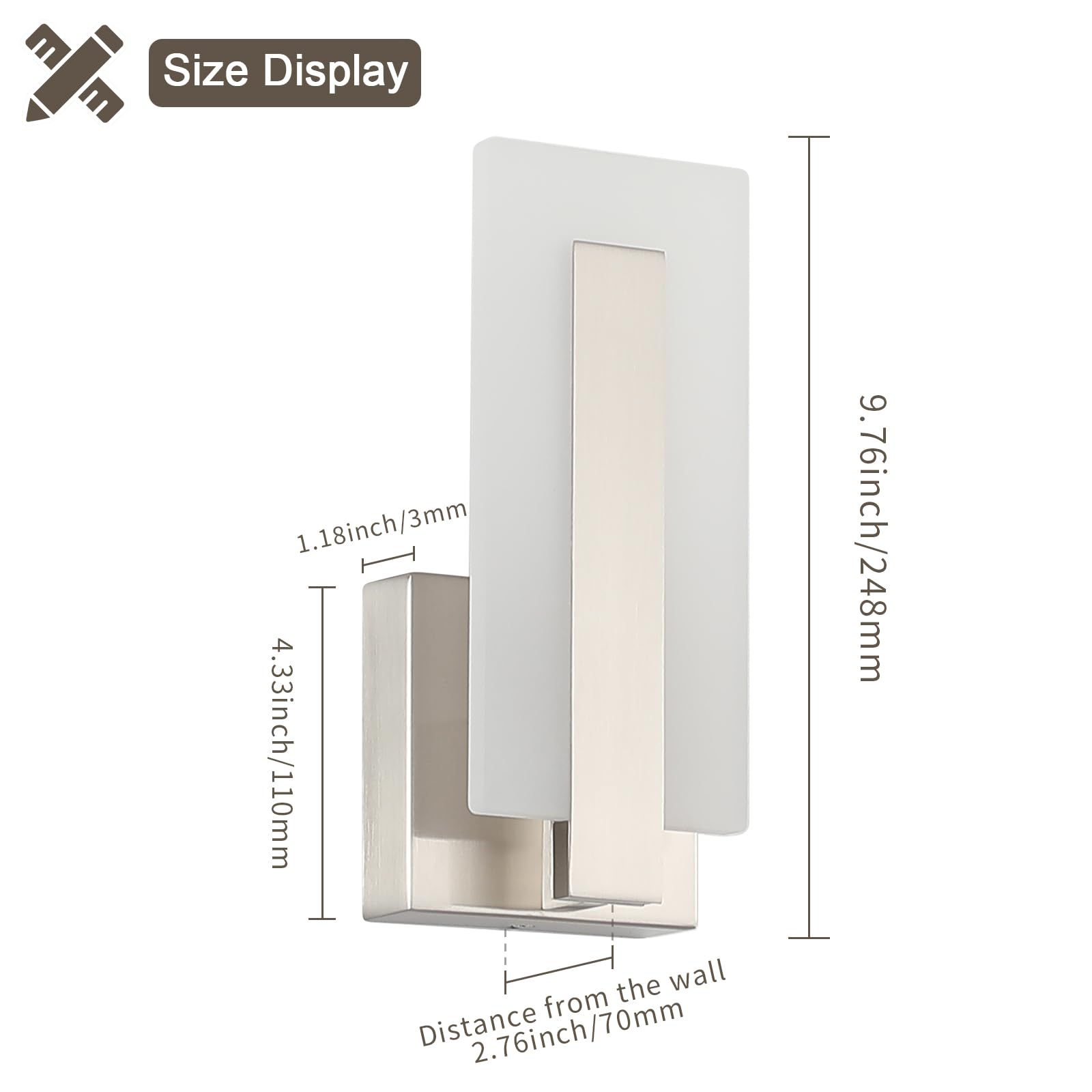 Joosenhouse Modern LED Wall Sconce Set of 2, 9.76" Brushed Nickel, 3000K Warm White Light, Hardwired, Model 3069