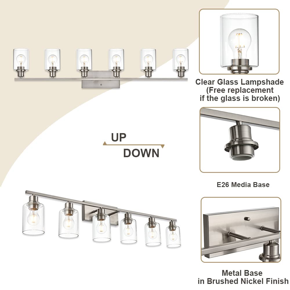 VINLUZ 6 Light Bathroom Lighting Fixture, Brushed Nickel, Glass Shade, Wall Mounted Vanity Light Over Mirror