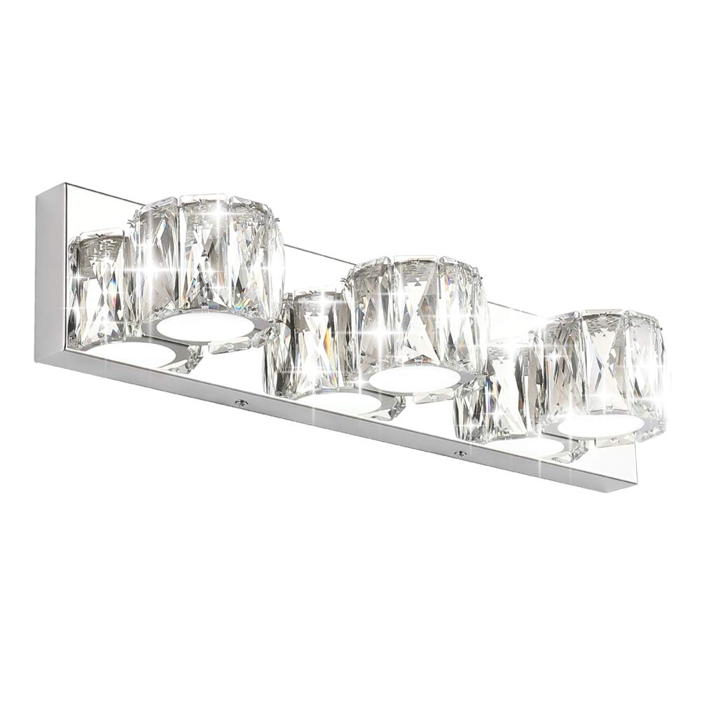 Aipsun 3-Light Crystal Vanity Lights for Bathroom, Modern LED Fixtures, Mirror Stainless Steel Frame, White Lights, Model Ca-8271-3T