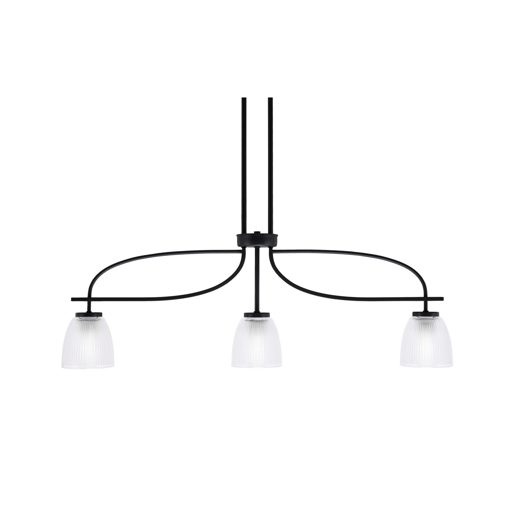 Cavella 3 Light Island Light Shown in Matte Black Finish with 5&quot; Clear Ribbed Glass