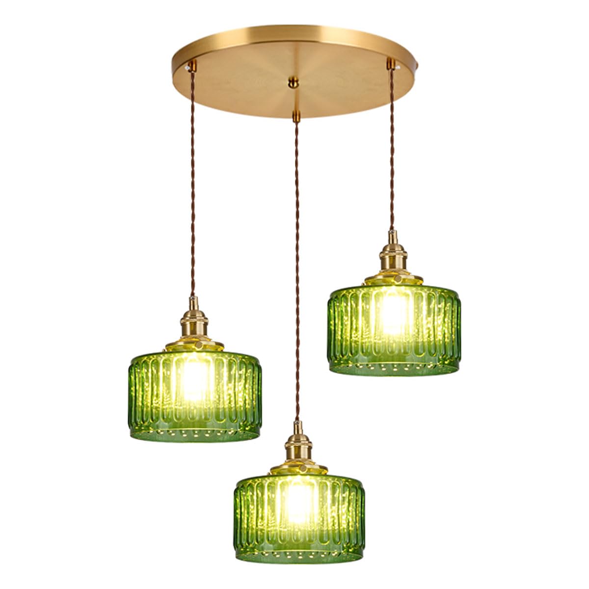 Qufute 3-Light Modern Chandelier Pendant Light - Mid Century Sputnik Glass Globe With Green Striped Shade, Gold Adjustable Ceili