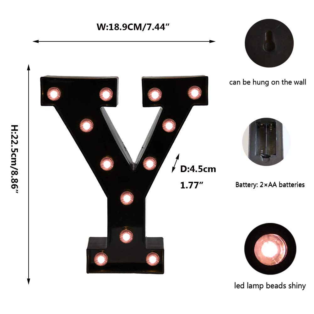 OYCBUZO LED Marquee Light Sign - Black Alphabet Letter Y, Plastic, Model MDLP-BL-22, Perfect for Home Bar, Parties, and Decorations