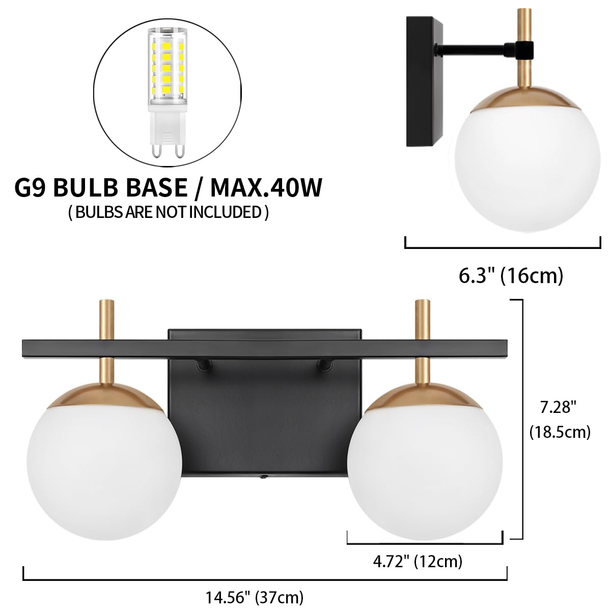 ZSMIHDOH 2-Light Bathroom Vanity Light Fixtures, Black & Gold Metal Over Mirror Lighting, GVL0123, Milky Glass Globe Design