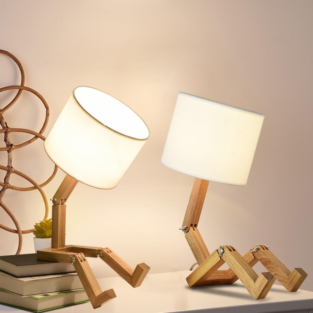 MUMENG Robot Desk Lamp Set of 2, Adjustable Wooden Bedside Lamp, White Lampshade, Model TB-QBT005-WHM2