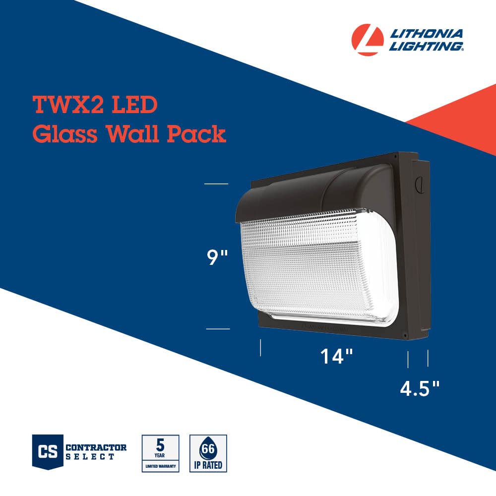 Lithonia Lighting Led Wall Pack Light With Glass Lens, 4000-6000 Adjustable Lumens, 5000K Daylight Light, Mvolt 120-277V, Textur