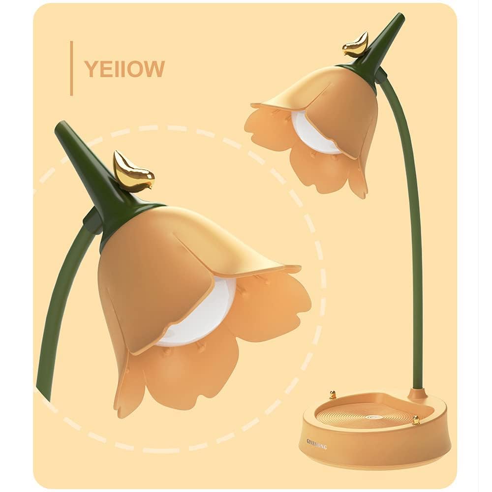 Flower Led Desk Lamp Cordless Table Light Adjustable Gooseneck Dimmable Touch Rechargeable Battery Student Bedroom Room Lighting Table Light House Decor (Yellow)
