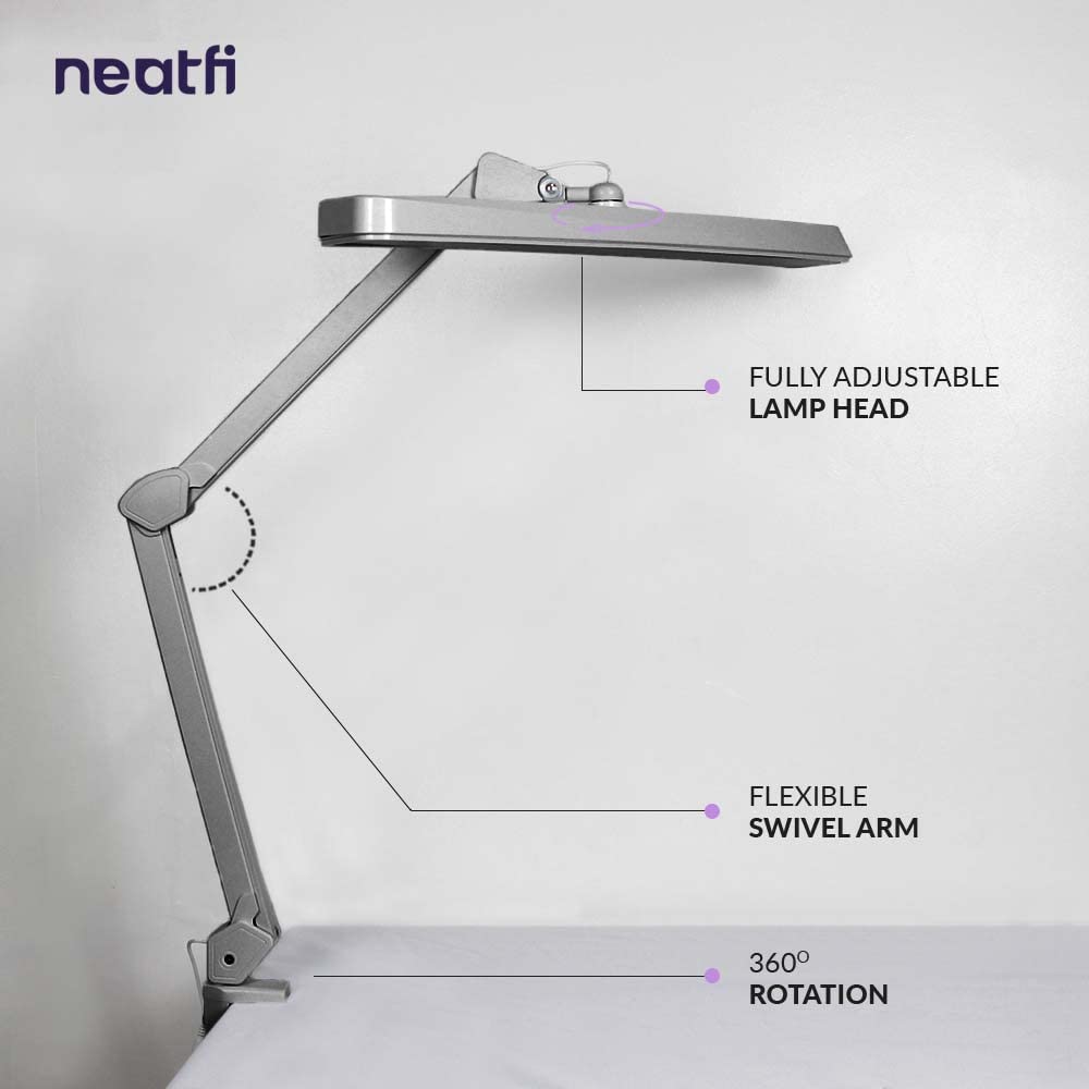 Neatfi XL LED Task Lamp, 2500 Lumens, 30W, 22" Wide, Eye-Caring Silver Desk Light with Clamp, Model 9505LED-30-C