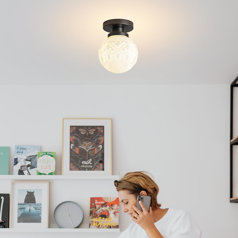 Daunton Semi Flush Mount Ceiling Light, Modern Globe Milk Glass Ceiling Light Fixture, Vintage Small Black Hallway Light Fixture