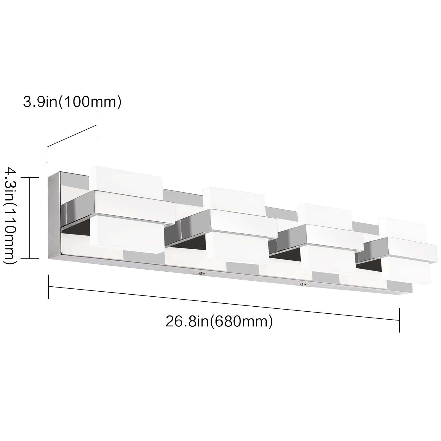 SOLFART 4-Light Chrome LED Bathroom Vanity Light, 27" Dimmable Acrylic Fixture, Modern White Light, Model 7248-4T-WHL