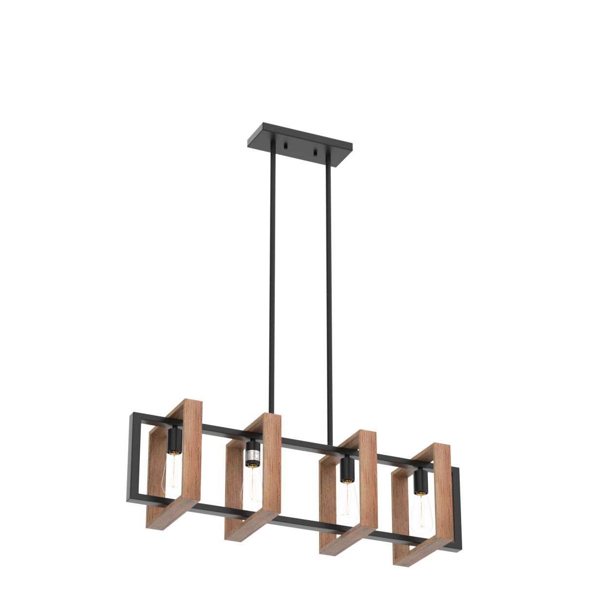 Poroulux Farmhouse Pendant Light Fixture, 4 Lights Rectangular Chandelier, Wood & Black Metal, 35.4" Kitchen Island Lighting, 1001 Series