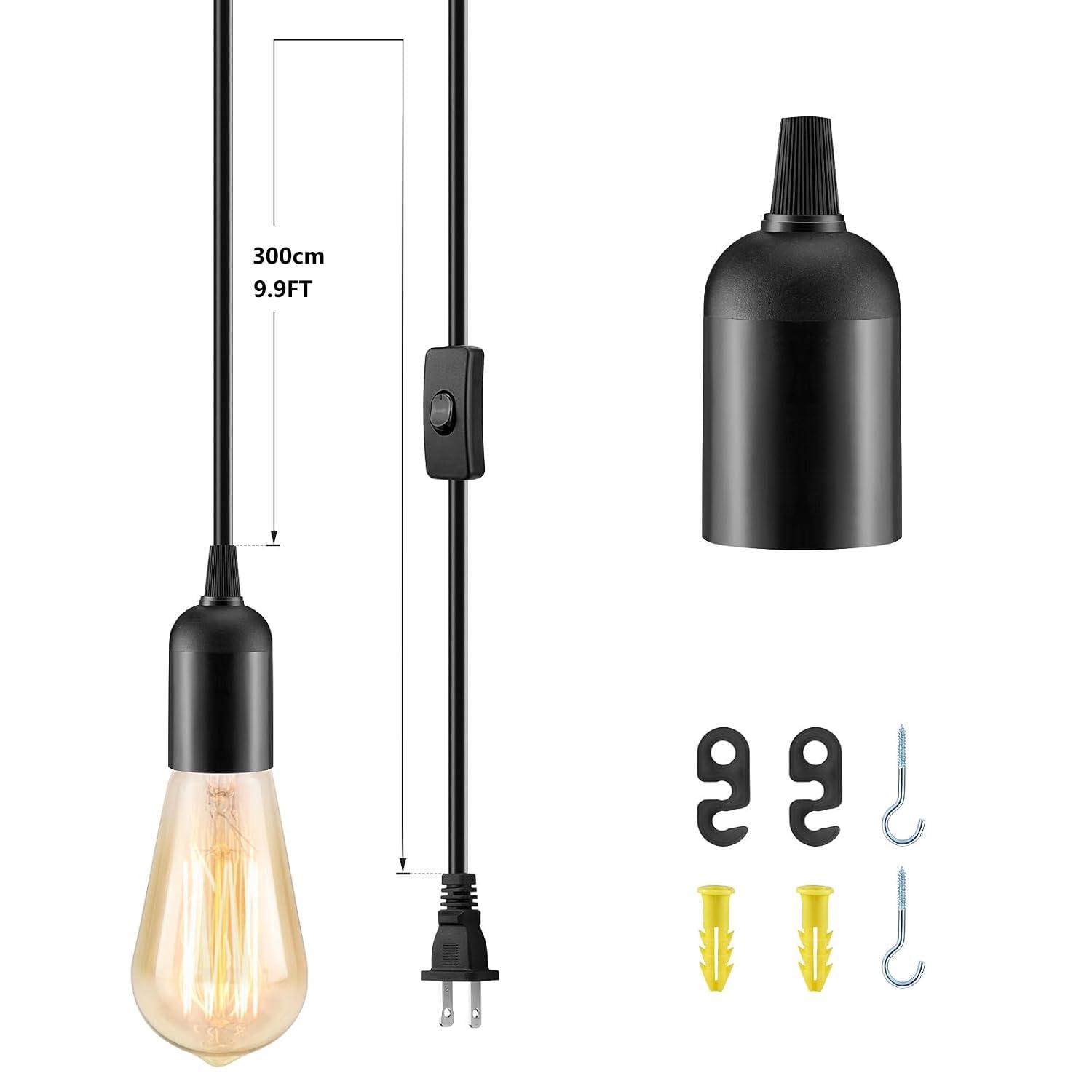 SLYYMY 2Pack Plug in Hanging Light Kit, E26/E27, 9.9FT Cord with On/Off Switch, UL Listed, Black
