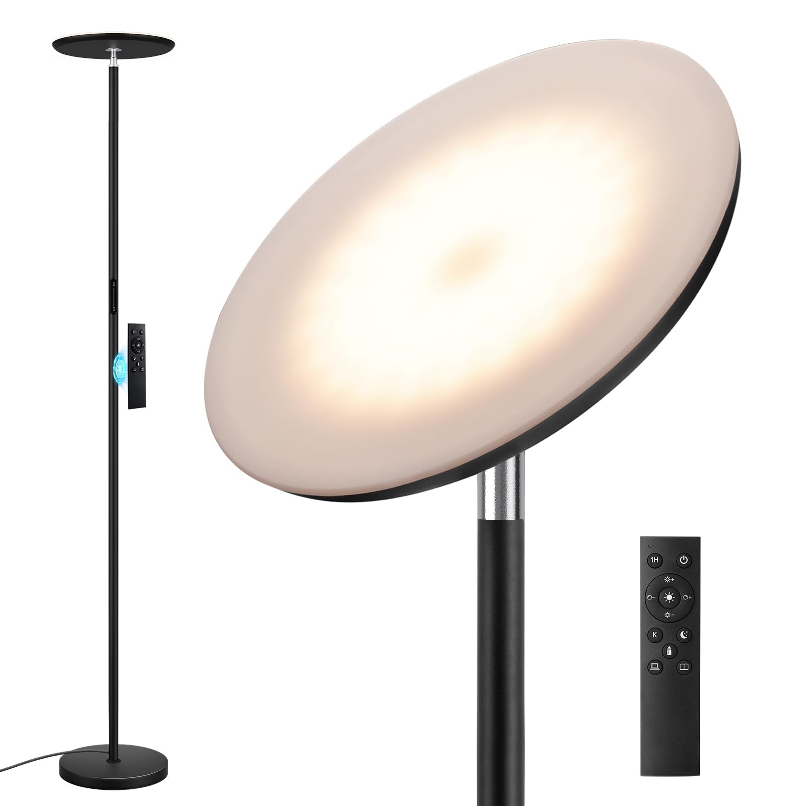 PreeOtti Modern LED Floor Lamp - Remote & Touch Control, 40W/2400LM Sky Torchiere Standing Lamp, Fully Dimmable, 3 Color Tempera
