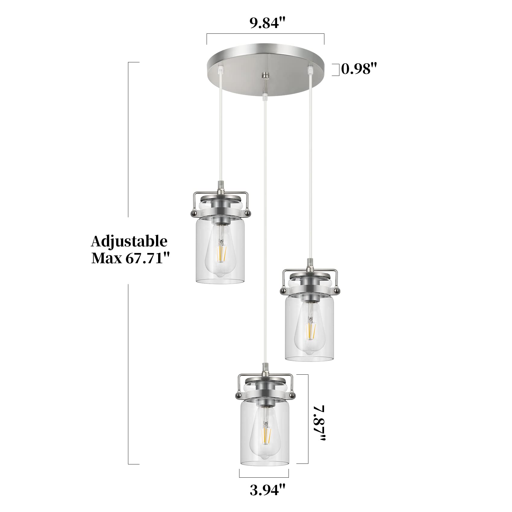 Pendant Lighting For Kitchen Island  Modern Glass Pendant Light Linear Chandelier For Dining Room Industrial 3 Light Hanging Light Fixture Adjustable Cord Farmhouse Ceiling Light Brushed Nickel Finish
