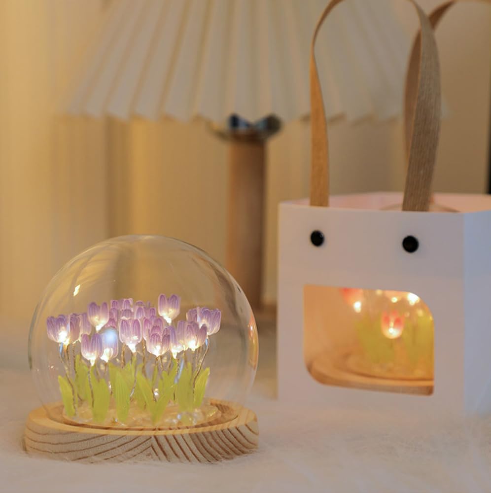 LOGAZOO Tulip Lamp - 20 Flower Night Light, Purple Glass Dome, Plastic, Model XZH05PK, Handmade Table Decoration for Home or Gifts