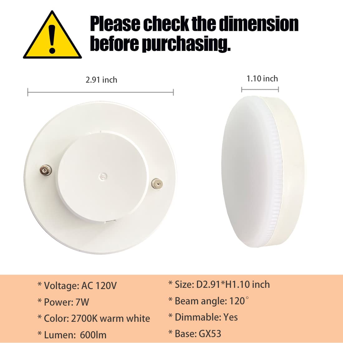 Kakemono Dimmable Gx53 Led Light Bulb 7W, Warm White 2700K, 50W Halogen Replacement For 120V Under Cabinet, Ceiling Lighting, Pa