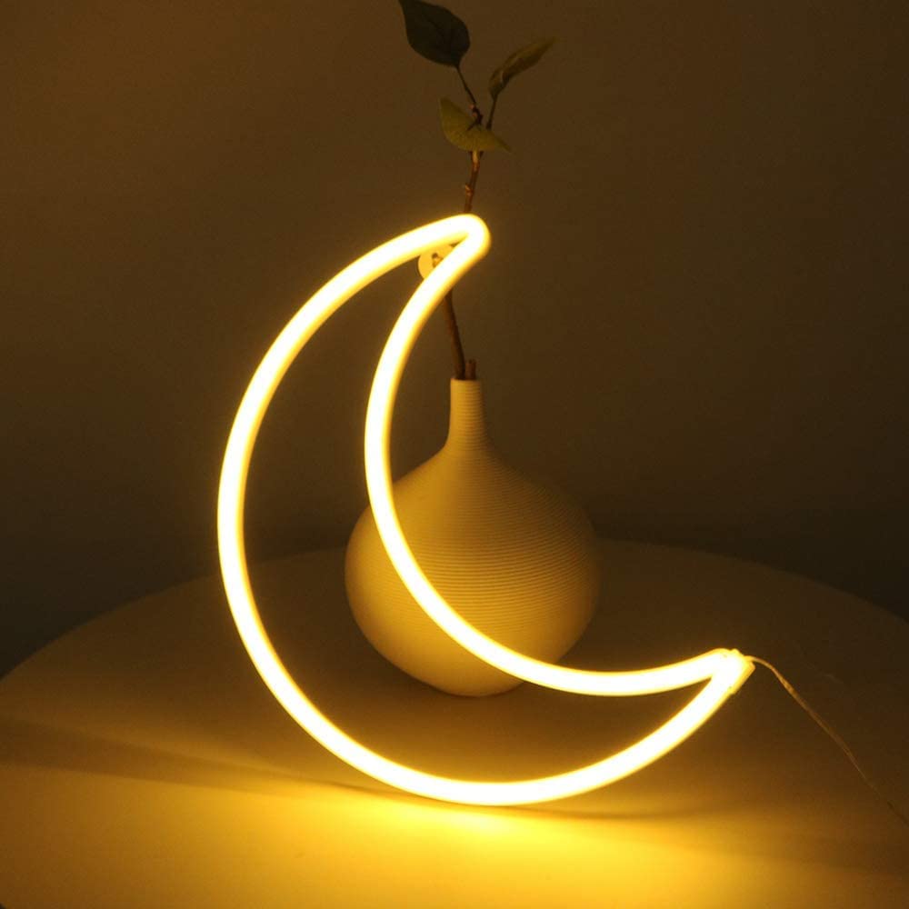 YAOZHOU LED Neon Moon Light - Warm White, Battery/USB Powered Decorative Night Light for Home, Bedroom, Office, Party
