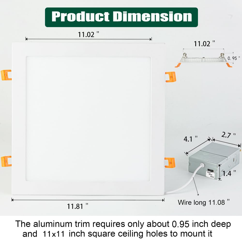 Qibang Dimmable Square Led Recessed Light 11 Inch With Junction Box,3Cct 3000K-4000K-6000K Selectable,Cri90+ 2160Lm 24W Ultra-Th