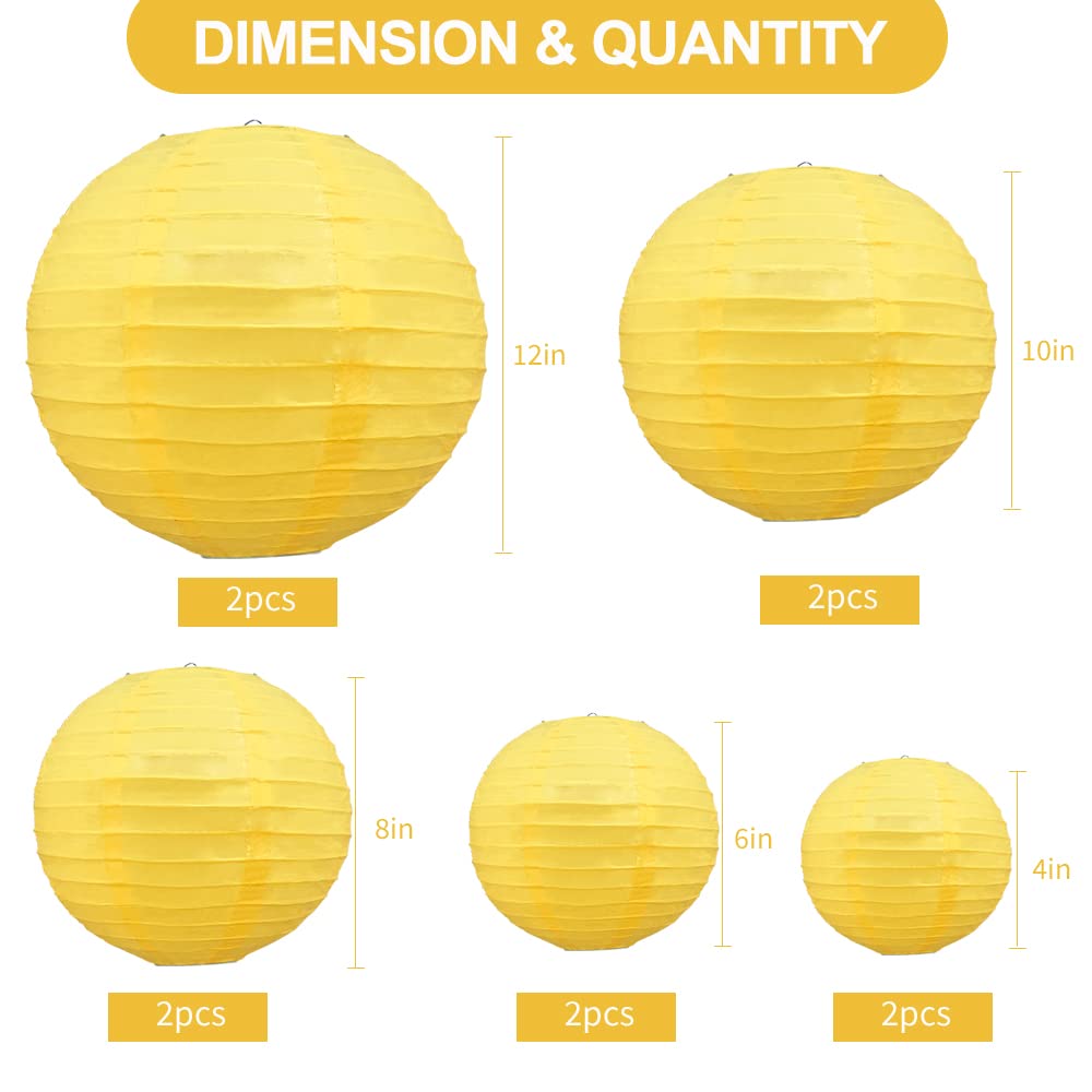 Beishida Yellow Round Paper Lanterns - 10 Pack Decorative Hanging Asian Style For Birthday, Halloween, Wedding, Fall Home Decor
