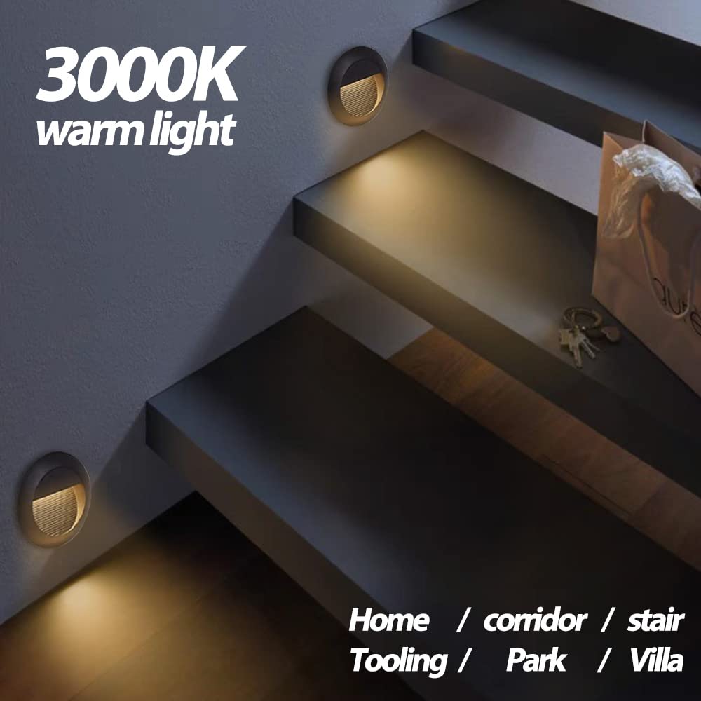 Arotelicht 6Pcs 3W LED Recessed Wall Light, Step Light Warm White 3000K, Stair Light Staircase Lighting, Inside Outside Garden B