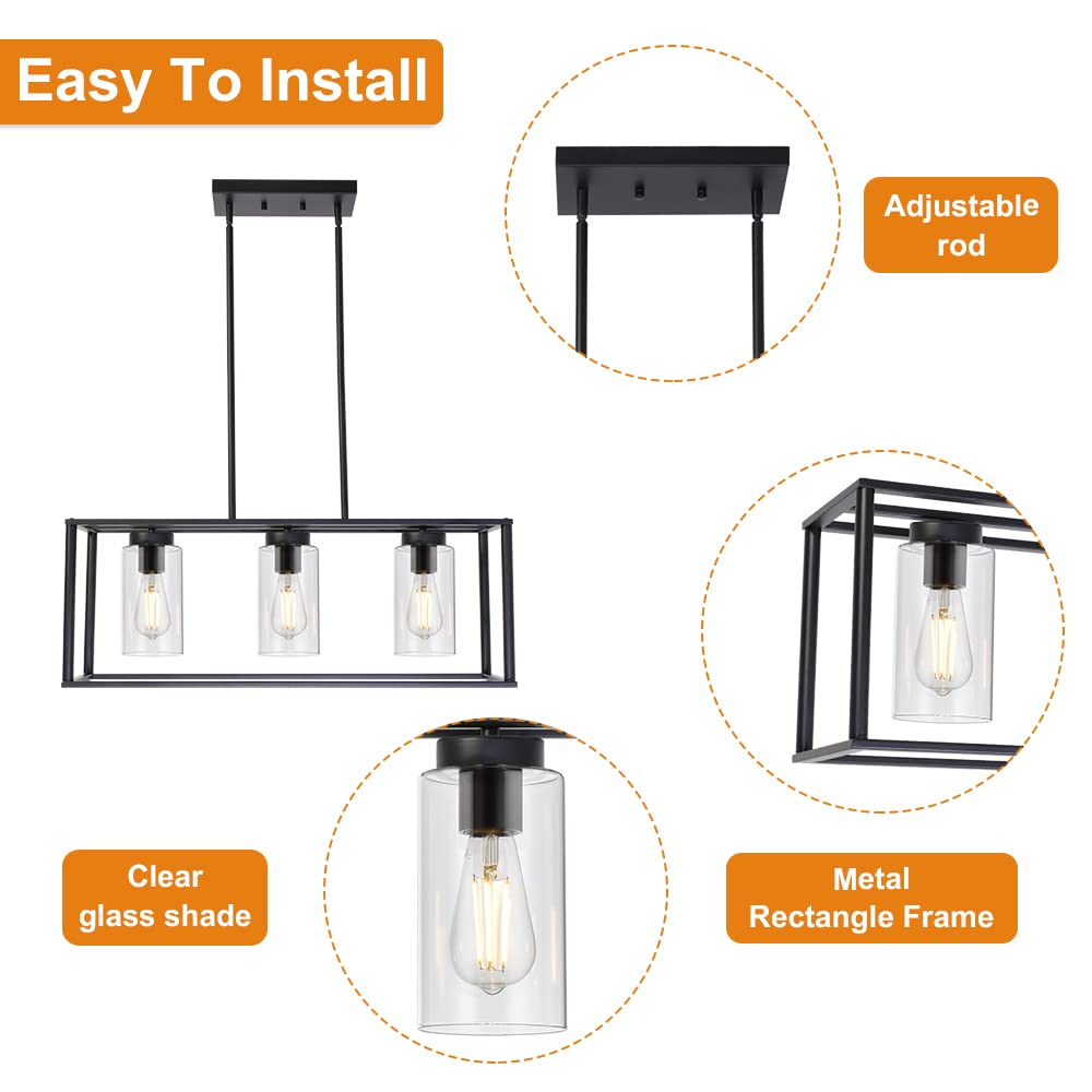 VINLUZ Black 3-Light Contemporary Chandelier, Metal Modern Pendant Lighting for Dining Room and Kitchen Island, Model 1811-3-11