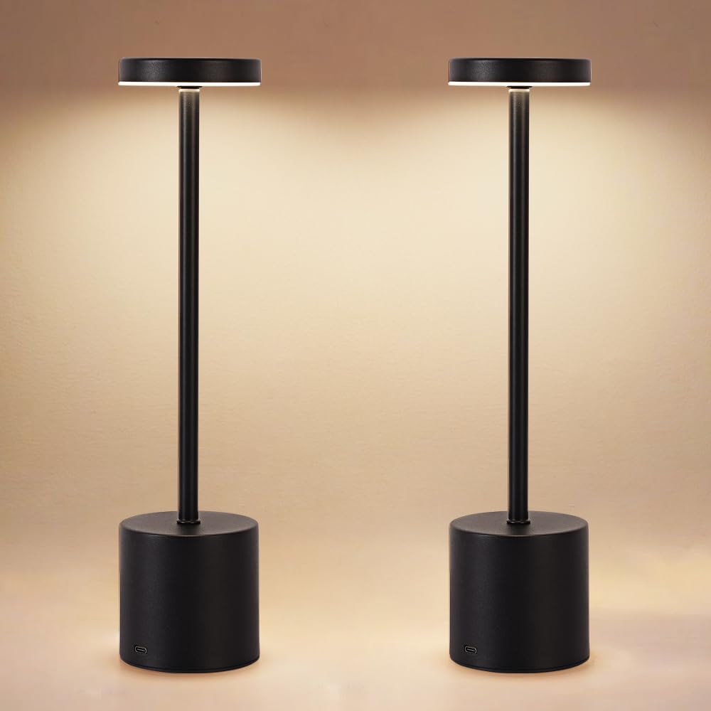 XIH Cordless Table Lamp Set of 2  5000mAh Rechargeable Battery Powered LED Table Light  Portable Touch Dimming Outdoor Touch Lamps 3 Color Light for Restaurant Patio Bedroom Camping Cofee (Black)