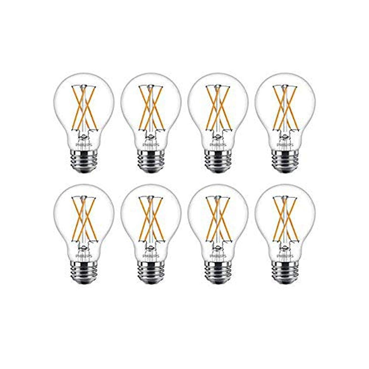 Philips Led Flicker-Free Dimmable Warm Glow Effect A19 Classic Glass Light Bulb, 800 Lumen, 2200-2700K, 8W=60W, E26 Base, Title