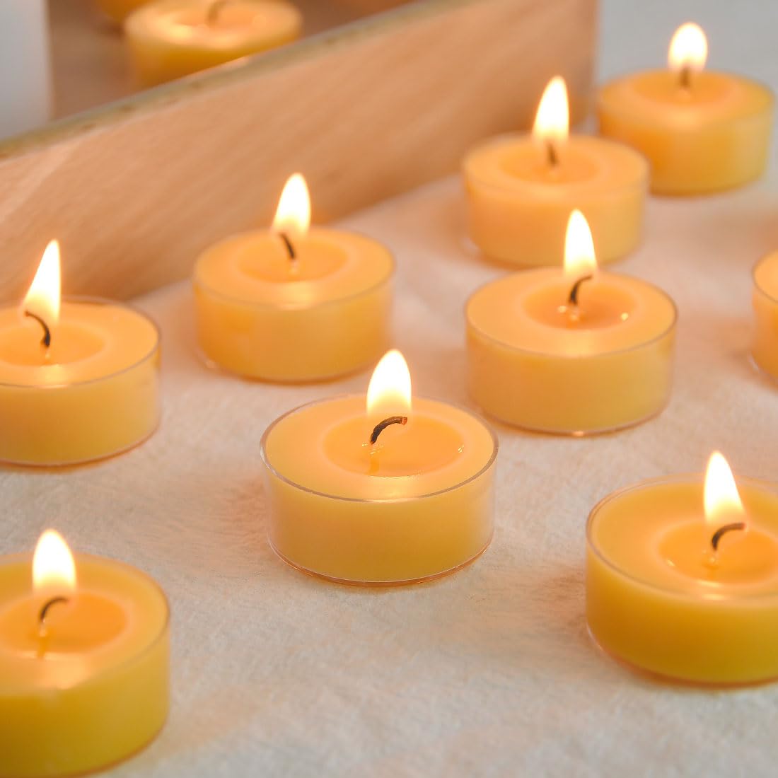 TELOSMA 100 Pack Pure Beeswax Tealight Candles - Natural Unscented, Clean Burning Yellow Candles in Bulk