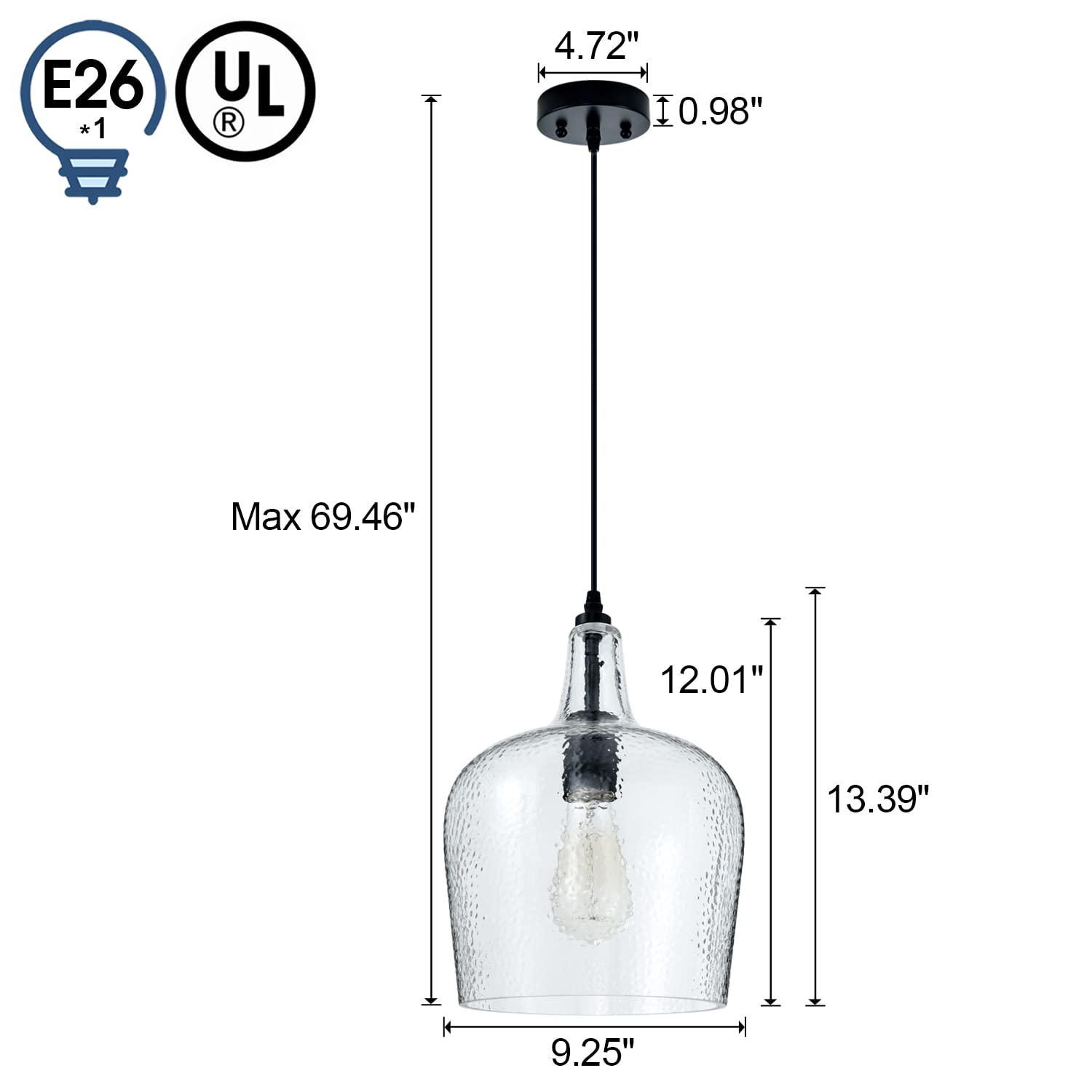 ELYCCUPA Glass Pendant Light, Modern Black Dome Fixture, 10 Inch, E26, UL Listed, Ideal for Kitchen Island & Dining Room
