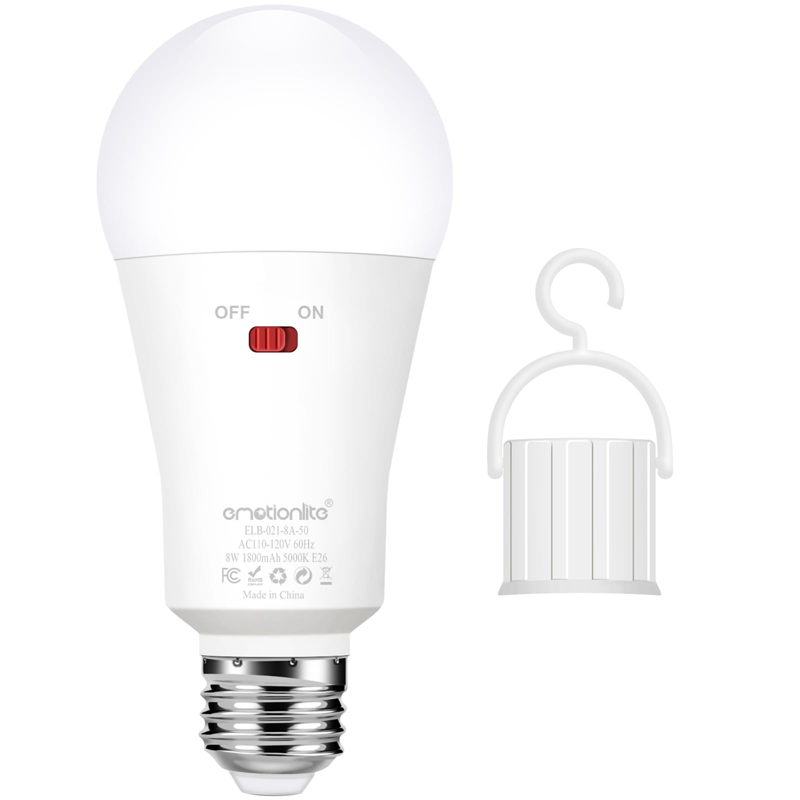 Emotionlite Rechargeable Emergency Light Bulb, 1800mAh Battery, 3 Brightness Levels, E26 Base, 5000K, 1 Pack