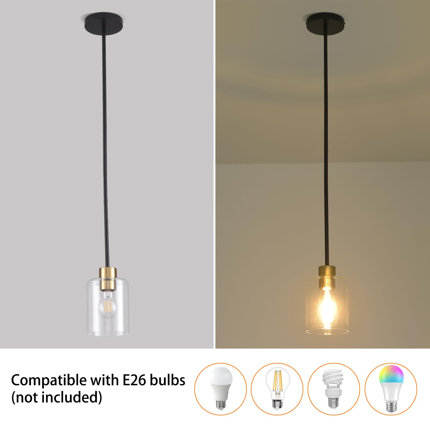 KLSS Black Brass Pendant Lights - Clear Glass Fixture, 3-Pack (12" & 4") - Model HJBLDD3P001