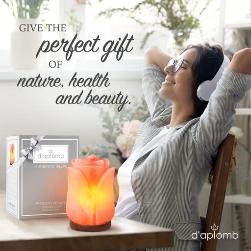 D'Aplomb Himalayan Salt Lamp - Hand Carved Pink Flower, Authentic Natural Crystal, Dimmer Cord