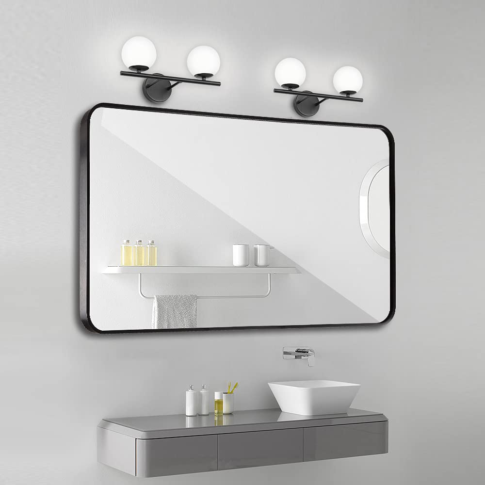 YHTlaeh New Bathroom 2 Vanity Light Fixtures Brushed Black Milk White Globe Glass Shade Modern Wall Bar Sconce Over Mirror