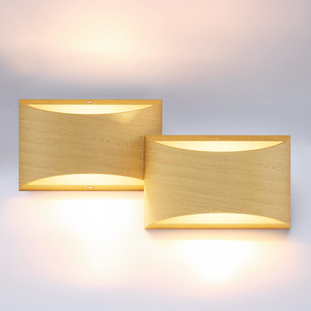 Aipsun Aluminum Modern LED Wall Sconce Set of 2, Warm White 3000K, Wood Texture, Model 9206