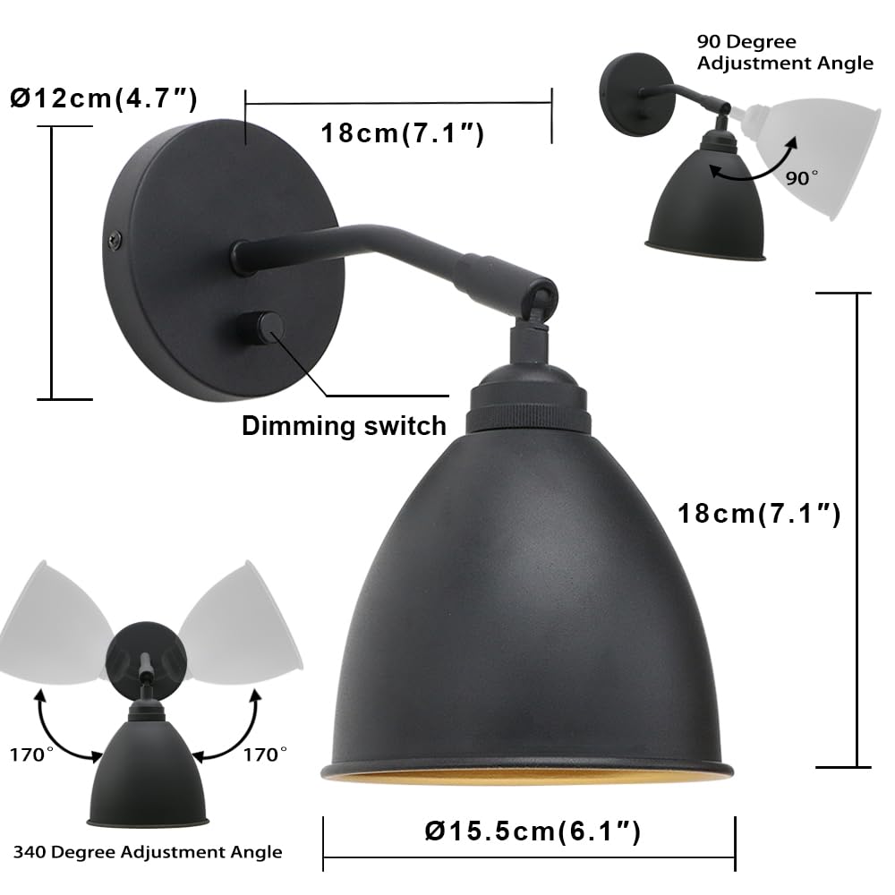 Yosoan Vintage Wall Sconce Bookcase Light, 1-Light Dimmable On Off Switch Hardwired Industrial Mount Metal Fixture Lighting Lamp With 6.1" Oval Black Metal Shade In-Build Gold Reading Light For Bed