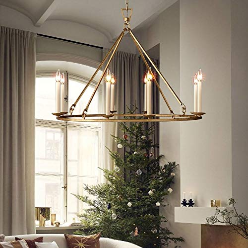 LOVEDIMA Gold Wagon Wheel Chandelier, 8-Light Antique Brass Ceiling Fixture, 35.4'' Candle-Shaped Design