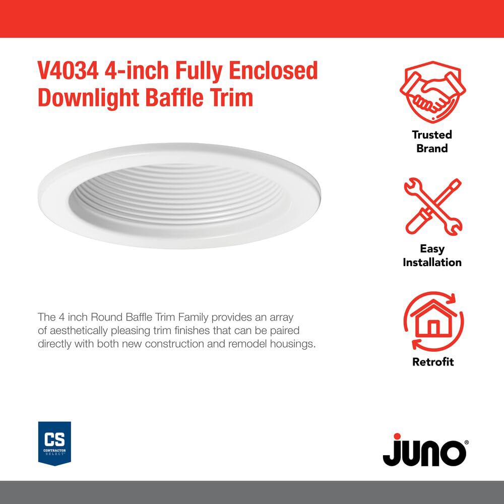 Juno Lighting V4034 Wwh Vulite Round Baffle Trim, White, 4-Inch