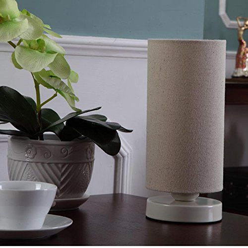 Bieye Linen Fabric Table Lamp, Cylindrical Lampshade, 11-inch Tall, Creamy-White