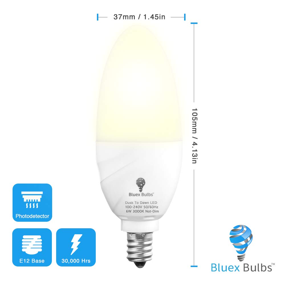 Bluex Bulbs 6 Pack Dusk to Dawn LED Candelabra Bulbs, 6W E12 Base, 3000K Warm White, Glass