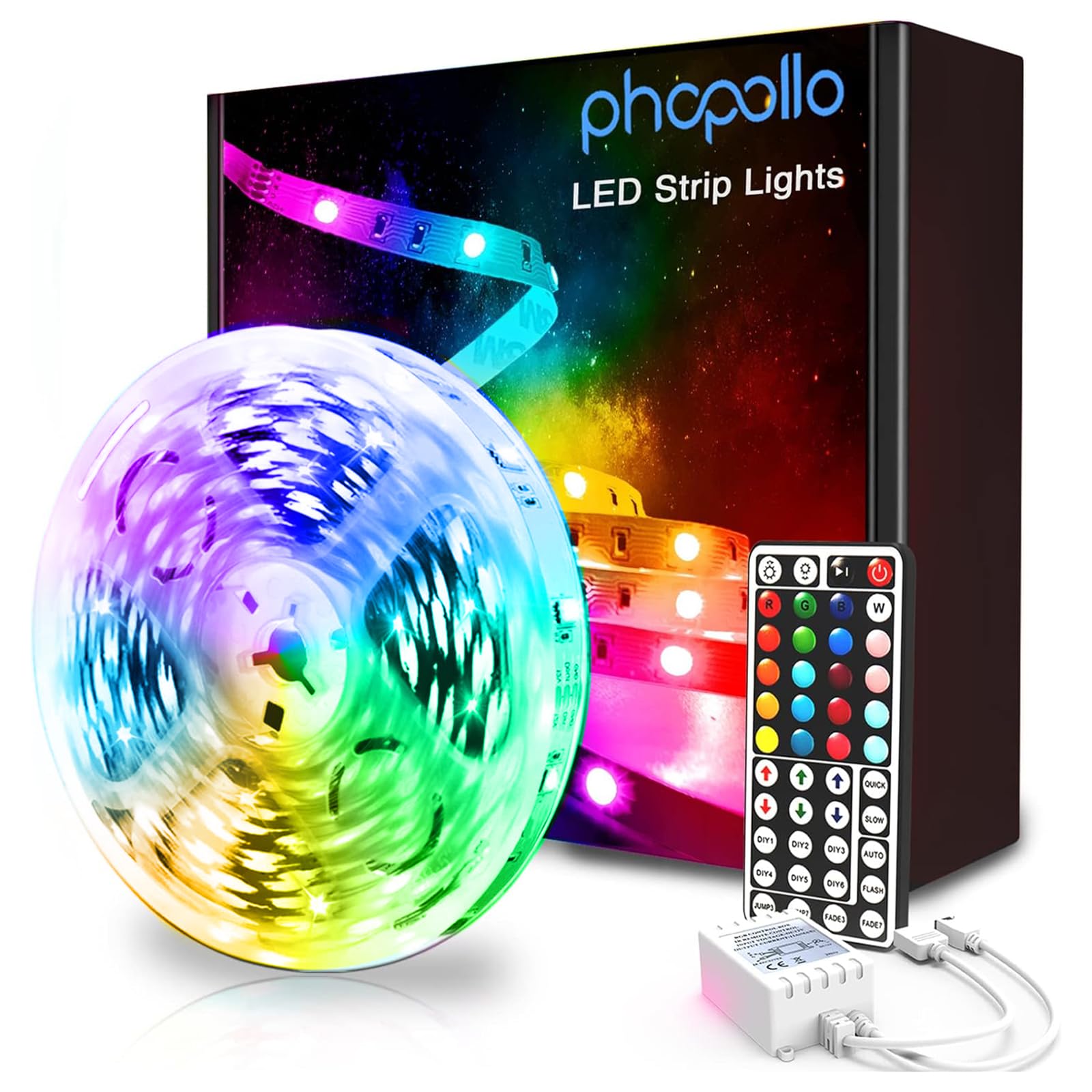 phopollo LED Strip Lights 32.8ft, Color Changing, Multicolor, Vinyl, with 12V Power Supply & 44-Key Remote, Model LS-P502-RGB-US