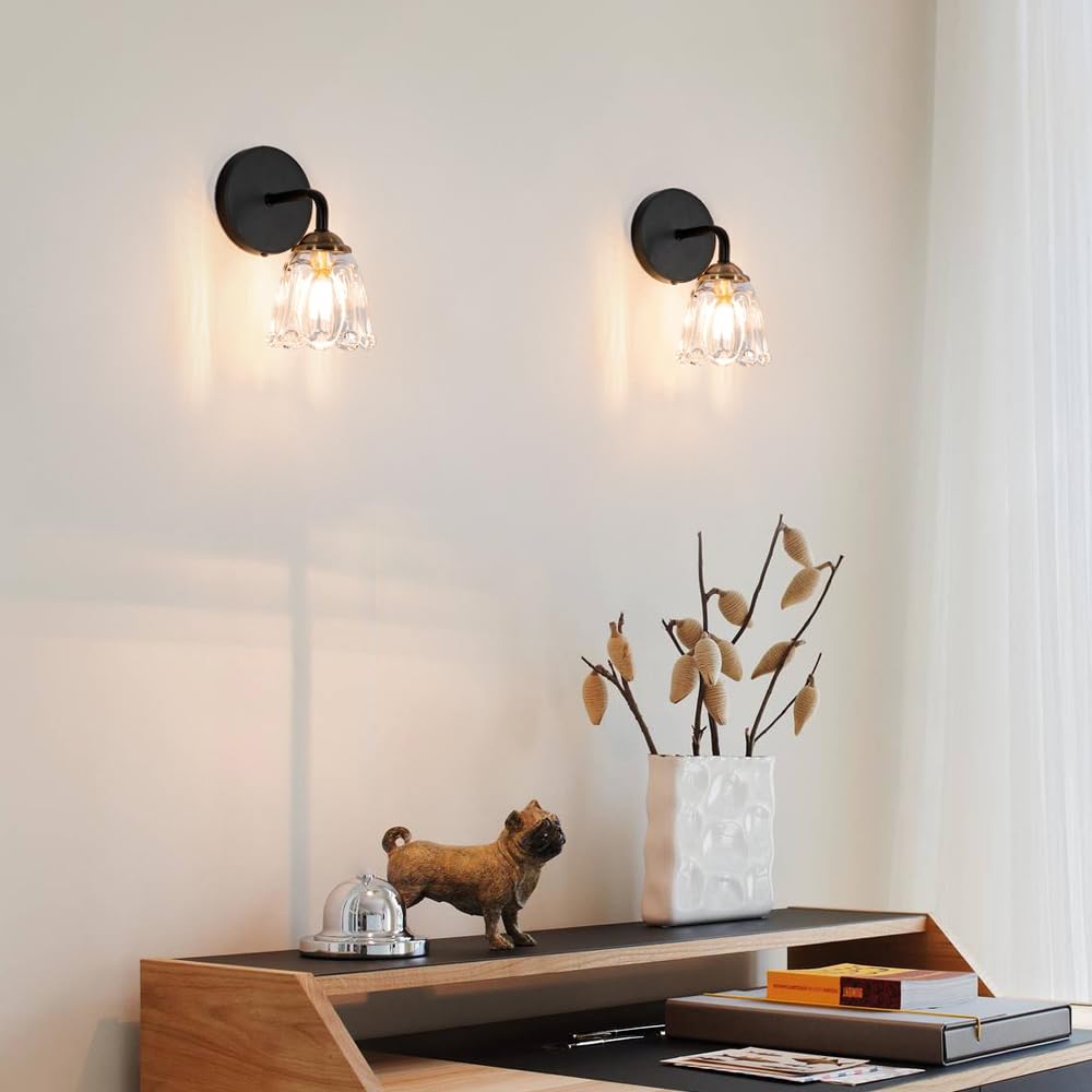 Vintage Wall Sconce Set Of Two, Black And Gold Sconces Wall Lighting With Clear Glass, Hardwired Sconces Wall Decor Set Of 2, Brass Bathroom Light, G9 Bulbs Wall Light For Mirror, Living Room, Bedroom