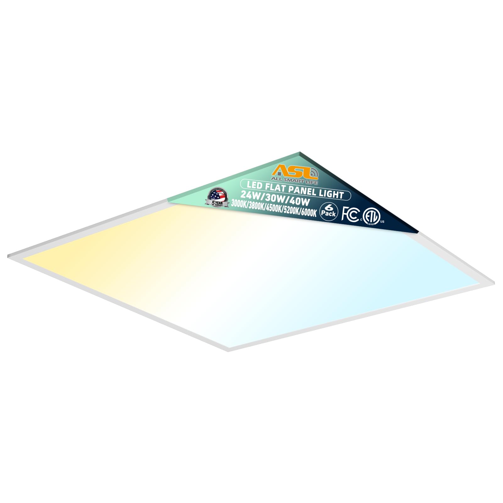 Allsmartlife 2X2Ft Led Flat Panel Troffer Light, 2-Pack 5Cct (3000K-3800K-4500K-5200K-6000K), Triac Dimmable, 2X2 Recessed Back-