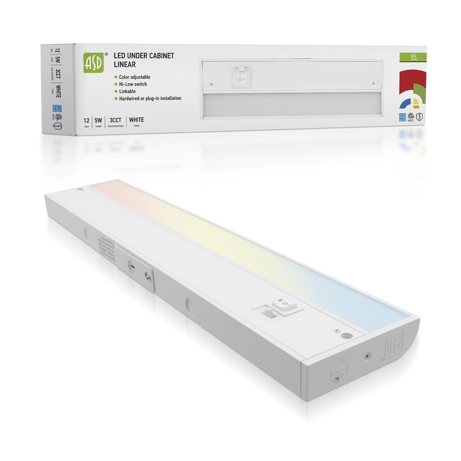 Asd Led Under Cabinet Lighting, 12 Inch, Dimmable, Hardwired/Plug-In, 3 Color Levels, Aluminum, White Finish, Model A-Ucl-12D5Cc-W