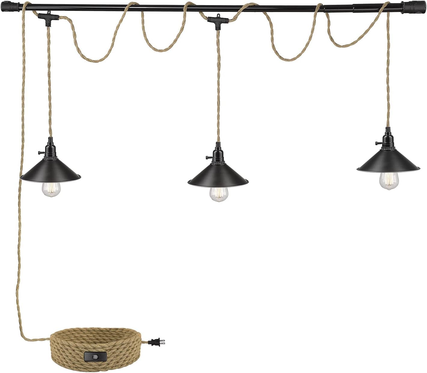 Kenmi Triple Pendant Light With Plug In Pendant Light,22Ft Industrial Hanging Lamp With Twisted Hemp Rope Independent Triple Swi
