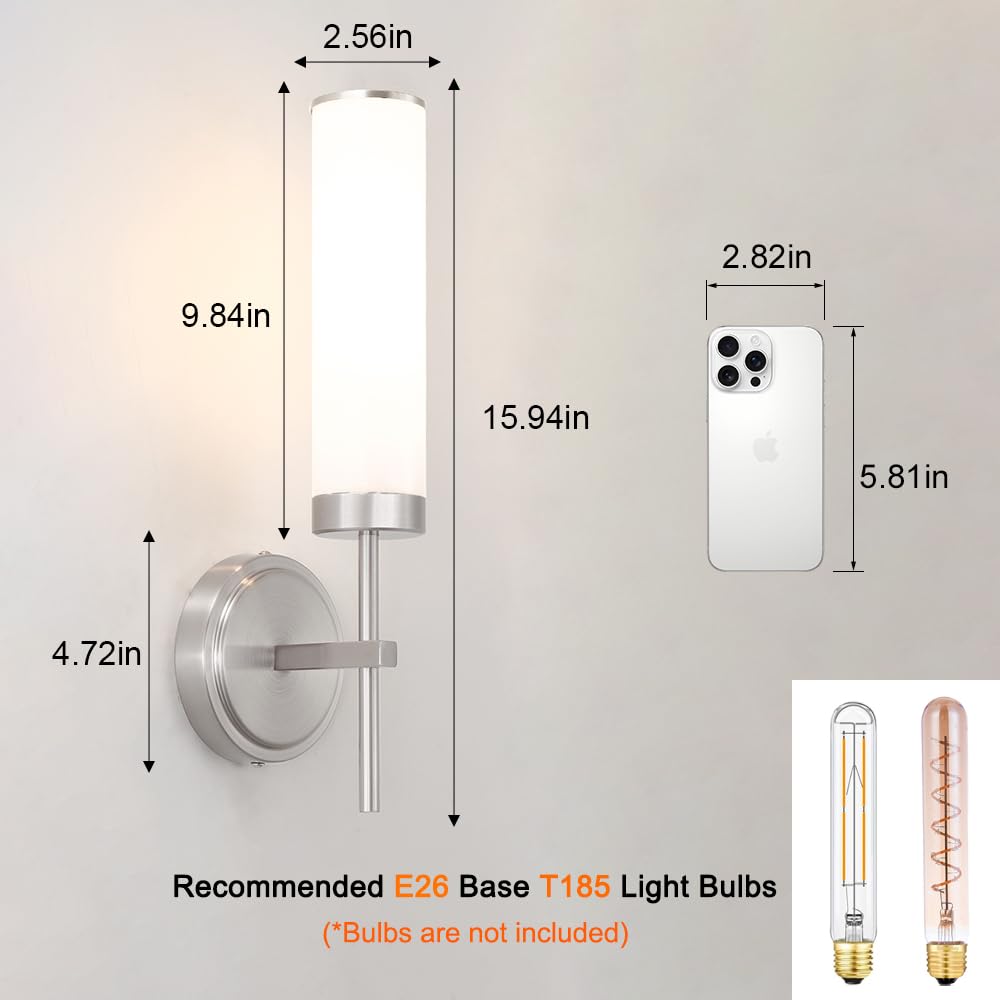 DSMJFU Brushed Nickel Wall Sconces Set of 2, Modern Opal Glass Vanity Lights, 15.94in Hardwired for Bathroom, Living Room, Bedroom