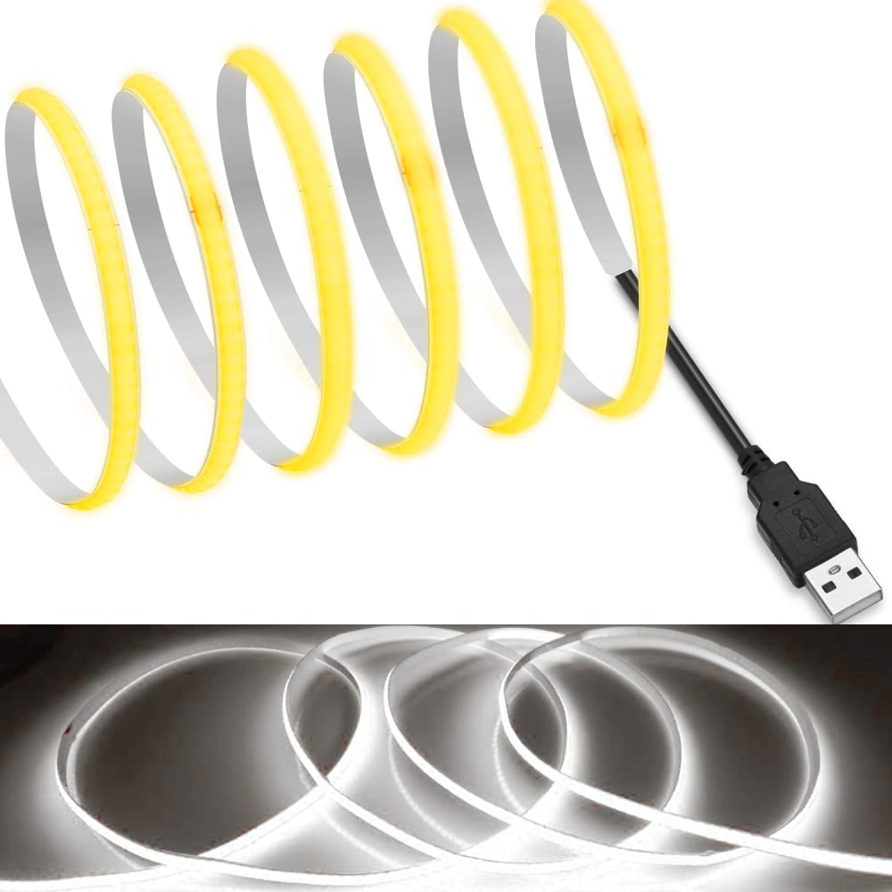 MDee?USB COB Tape Light LED Band 3.28ft/1m- Flexible 5mm Hidden DC 5V LED Tape with 320 LEDs/m for White (6000K) Lighting. Cuttable  Shapeable  USB Powered. Ideal for Kitchen  Office Decor