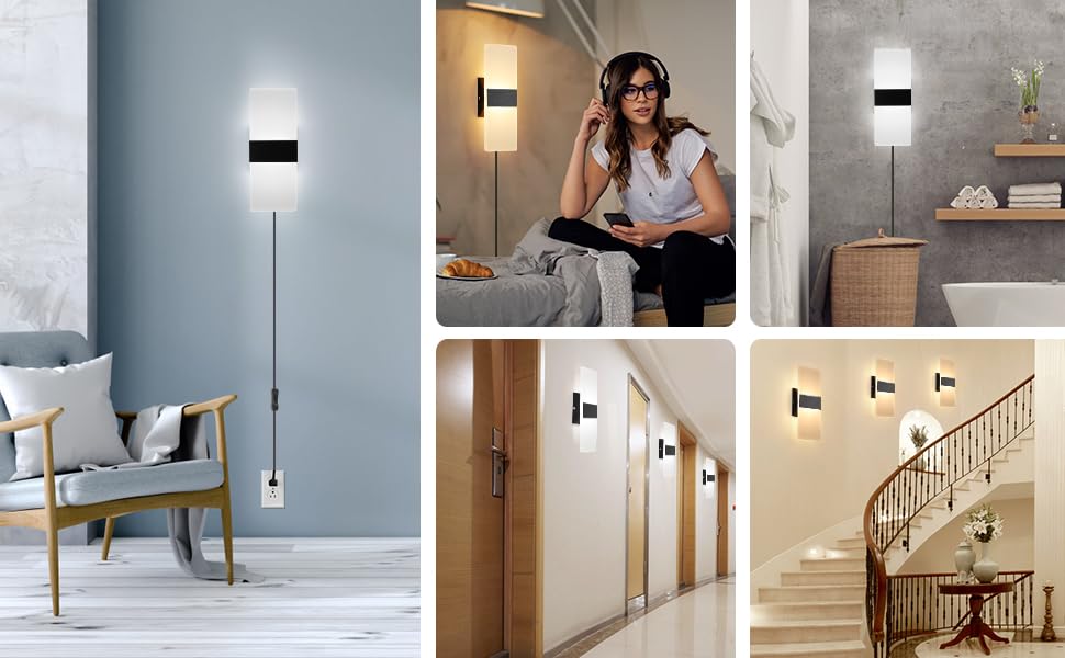 GOODATE Plug in Wall Sconces, Adjustable 3000K-6500K, 12W LED, Set of 2, Black, Acrylic + Pure Aluminum, Model YKL-02